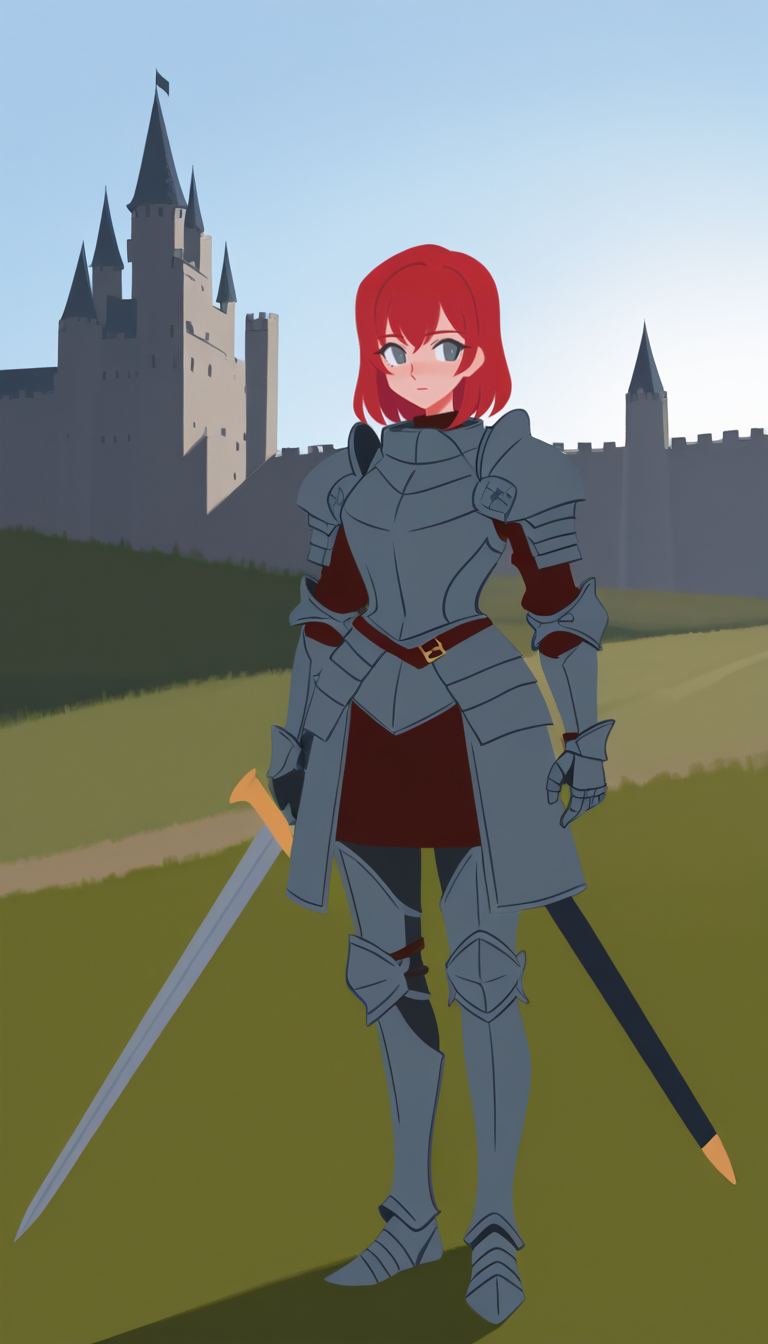 2811519491-3908533720-1girl, solo, red hair, grey eyes, full metal armor, female knight, standing, holding sword, holding, full body, outdoors, sky, s.png